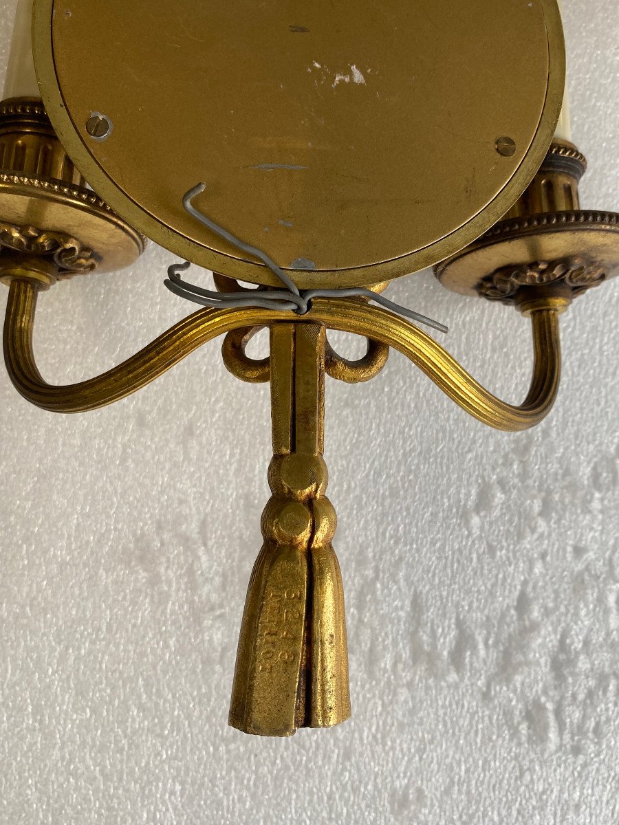 1950/70′ Pair Of Gilt Bronze Sconces With Convex Mirror Signed Petitot-photo-4