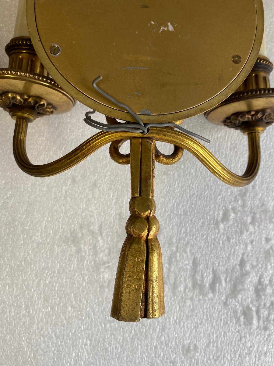 1950/70′ Pair Of Gilt Bronze Sconces With Convex Mirror Signed Petitot-photo-5