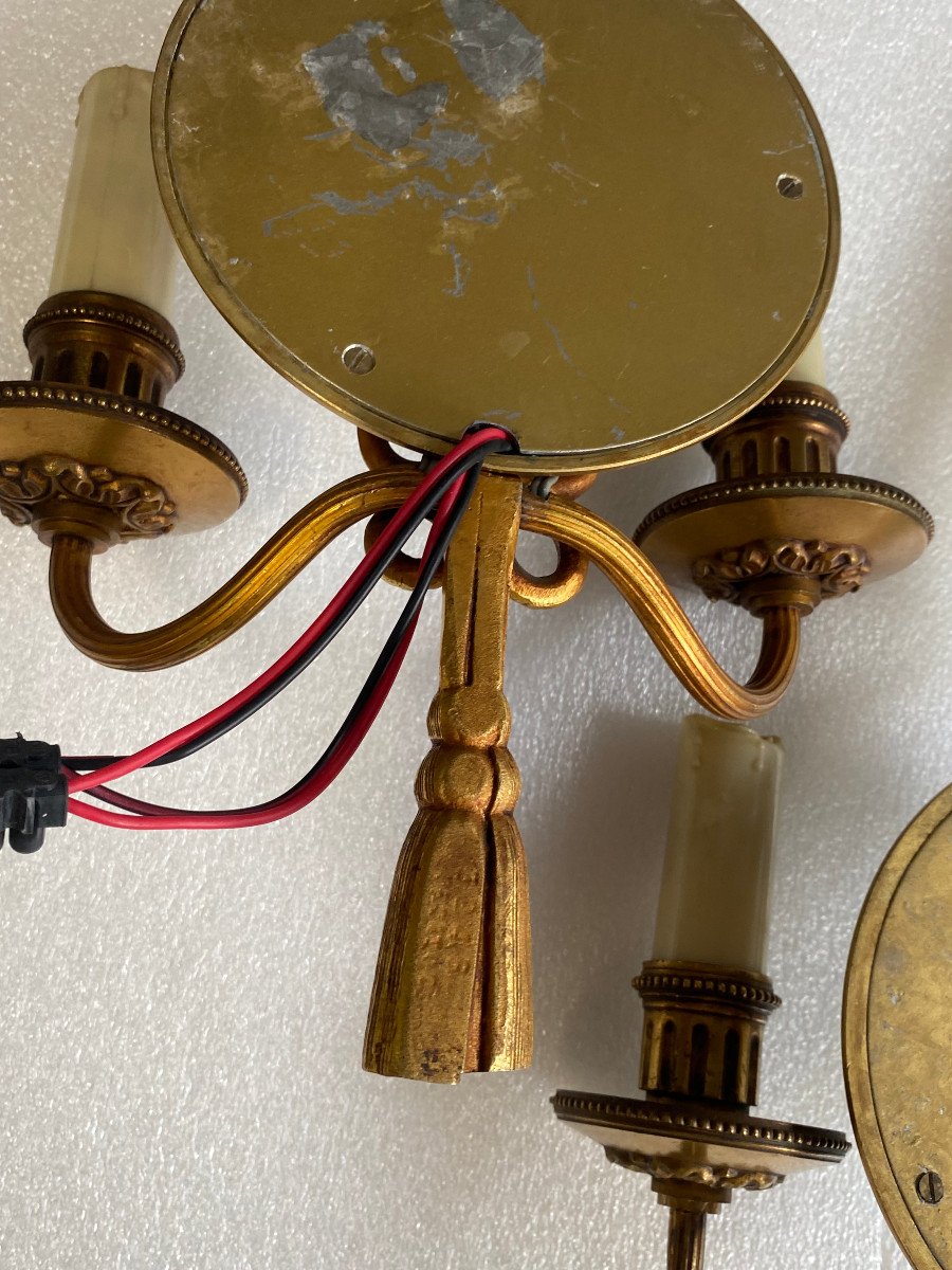 1950/70′ Pair Of Gilt Bronze Sconces With Convex Mirror Signed Petitot-photo-7