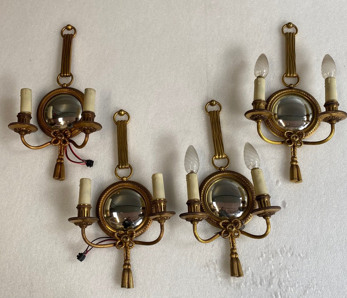 1950/70′ Pair Of Gilt Bronze Sconces With Convex Mirror Signed Petitot