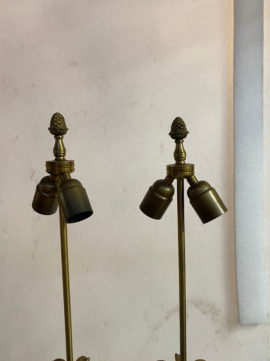 1970′ Paire De Lampes En Bronze Style Maison Charles Avec Oeuf En Bakélite Couleur Ambrée-photo-5