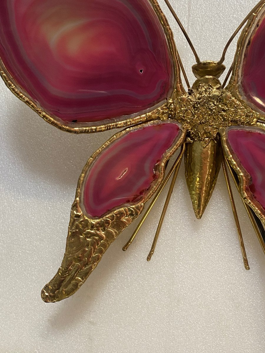 1970’ Applique Papillon Bronze , Duval Brasseur Ou Isabelle Faure, 4 Ampoules, Ailes Agates-photo-1