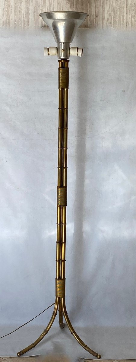 1950/70 Lampadaire En Bronze Doré Maison Bagués Modèle Palmier 3 Tiges Decor Bambou