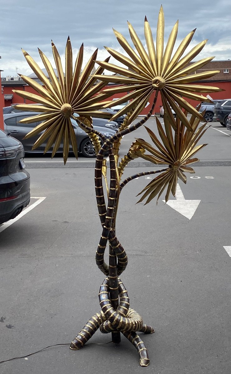 1970′ Yuka Palm Tree Floor Lamp In Brass/patinated Iron Maison Jansen 3 Heads Brutalist Style H 215-photo-6