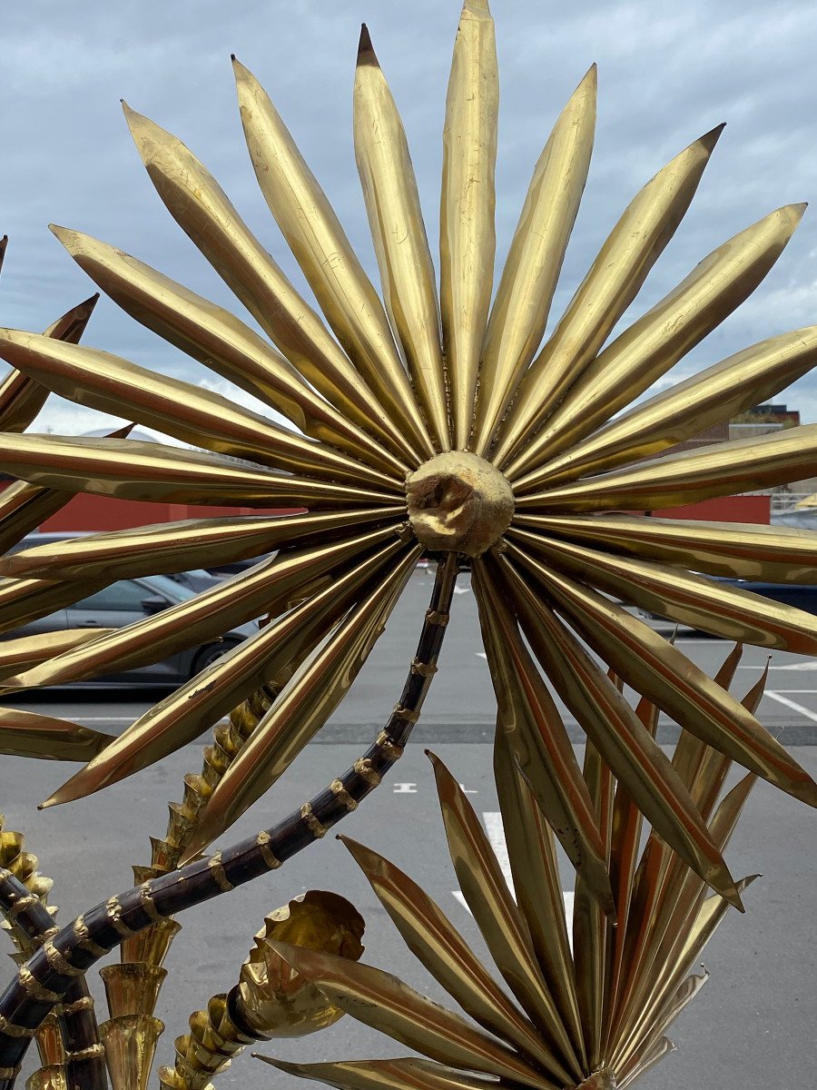 1970′ Yuka Palm Tree Floor Lamp In Brass/patinated Iron Maison Jansen 3 Heads Brutalist Style H 215-photo-7