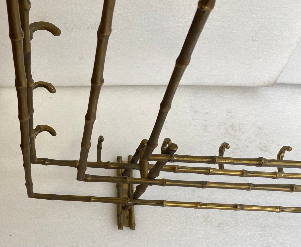 1970′ Porte Manteaux / Chapeaux D’ Angle Mural Decor Bambou Maison Baguès En Bronze 113 X 73 Cm-photo-3