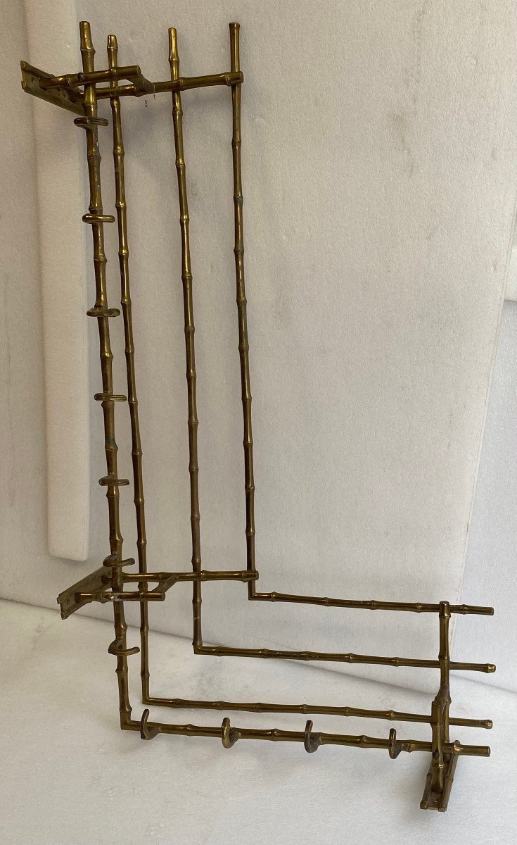 1970′ Porte Manteaux / Chapeaux D’ Angle Mural Decor Bambou Maison Baguès En Bronze 113 X 73 Cm-photo-5