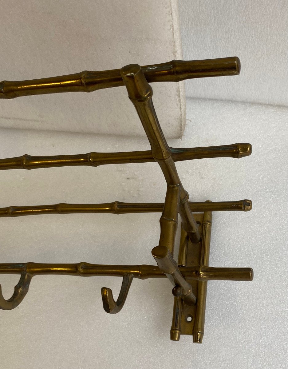 1970′ Porte Manteaux / Chapeaux D’ Angle Mural Decor Bambou Maison Baguès En Bronze 113 X 73 Cm-photo-6