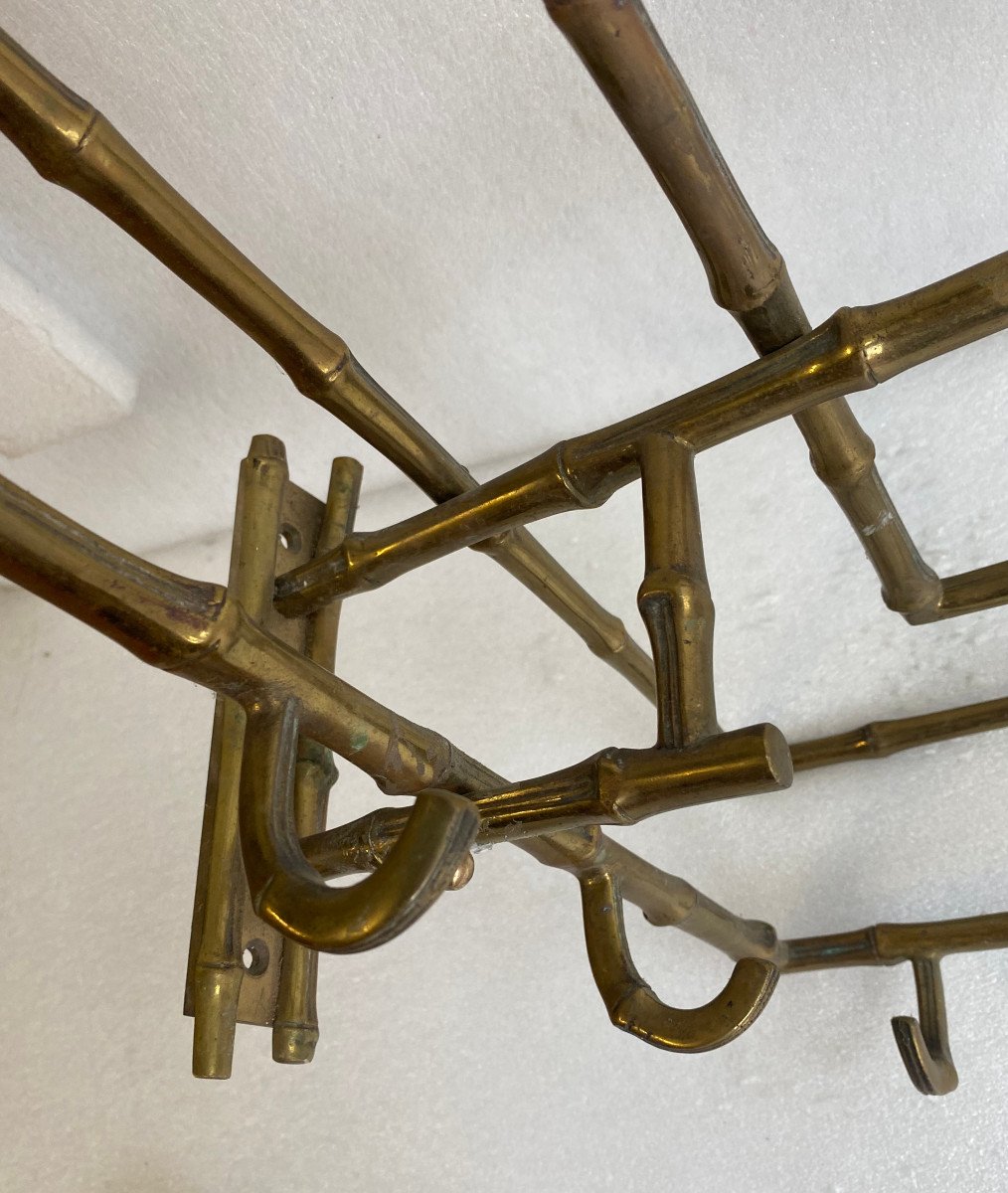 1970′ Porte Manteaux / Chapeaux D’ Angle Mural Decor Bambou Maison Baguès En Bronze 113 X 73 Cm-photo-7