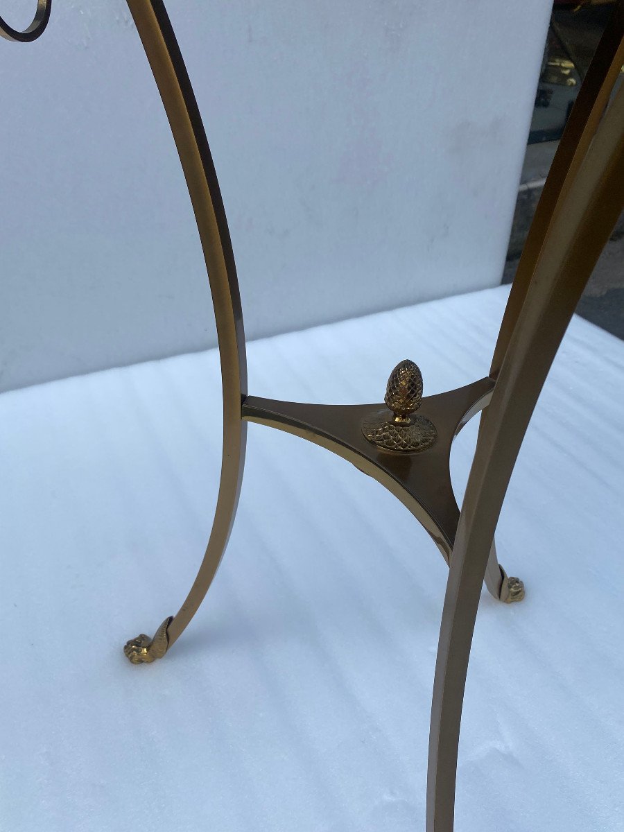 1990′ Maison Charles Pedestal Table In Bronze With Tray With Geometric Patterns ø 60 Cm H 71 Cm-photo-2