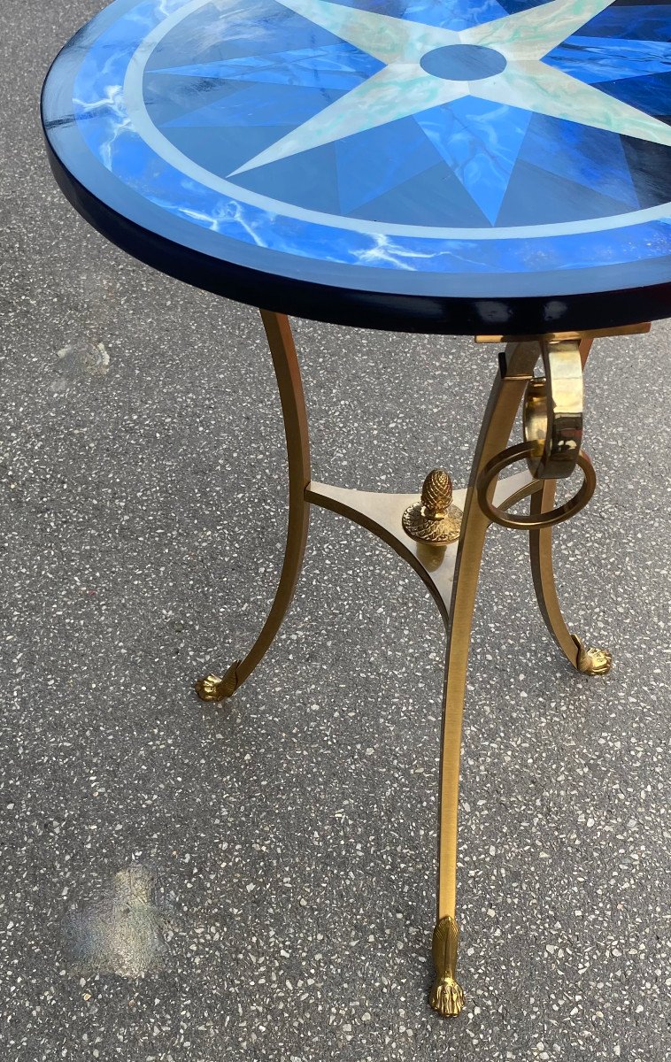 1990′ Maison Charles Pedestal Table In Bronze With Tray With Geometric Patterns ø 60 Cm H 71 Cm-photo-7