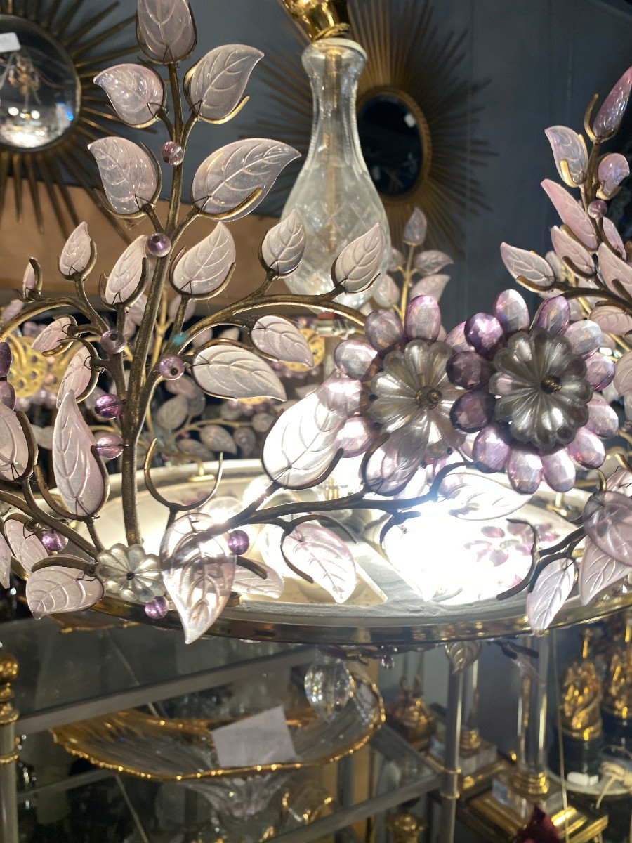 1970′ Chandelier In Golden Brass Style Maison Bagués Leaves In Colored Glass ø 65 H 58 Cm-photo-2