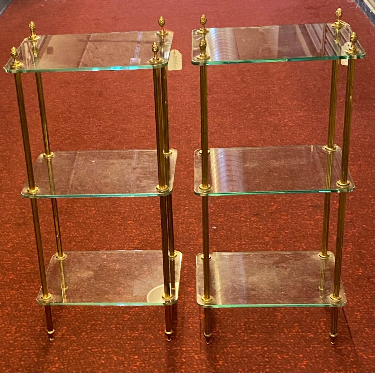 1970′ Paire D’ étagères à 3 Niveaux Style Maison Baguès Bronze Et Verre 39 X 30 X H 84 Cm