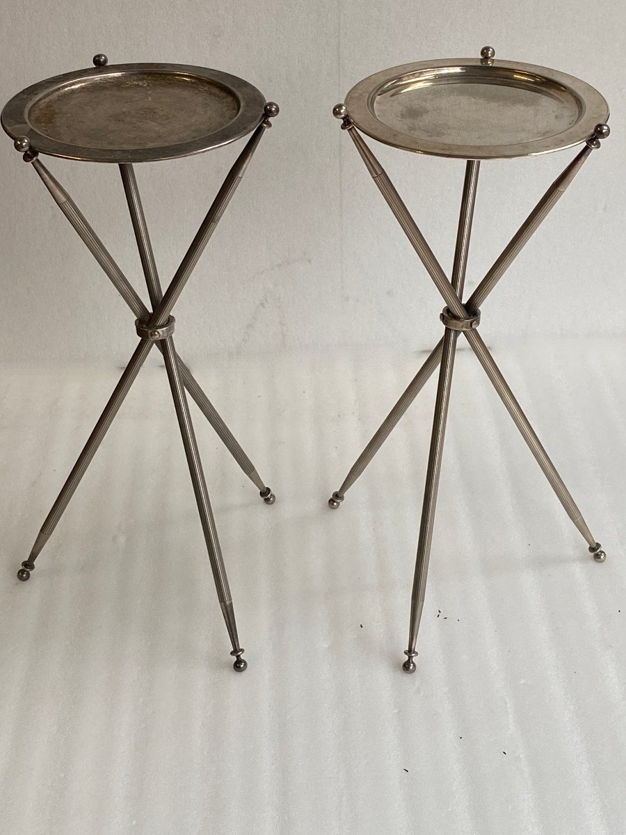 1950′ Pair Of Silver Bronze Tripod Pedestal Tables ø 34 Cm H 59 Cm Maison Jansen-photo-3