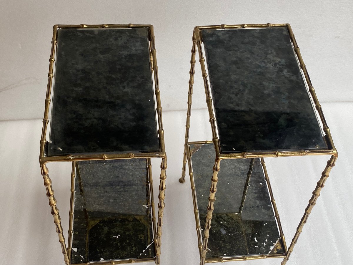 1950/70′ Pair Of Gilt Bronze Tables Bamboo Decor On 2 Levels Maison Baguès Mirror Trays-photo-2