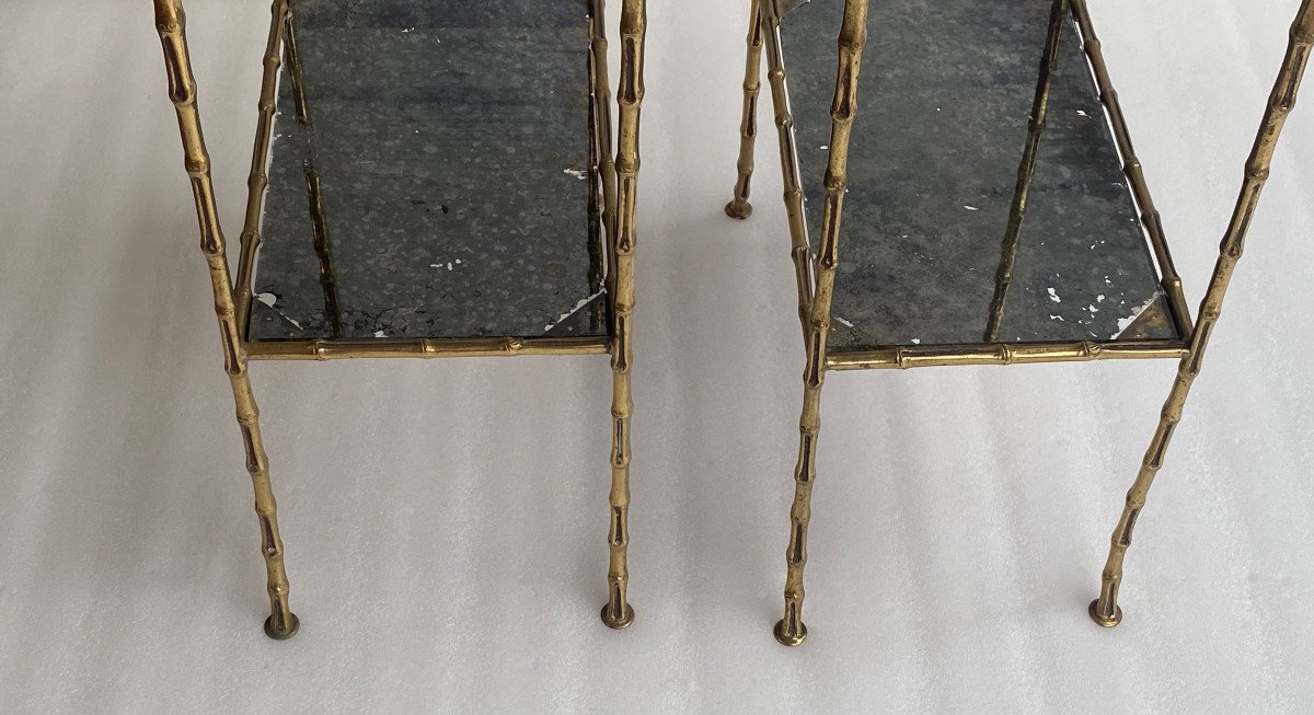 1950/70′ Paire De Tables En Bronze Doré Décor Bambou à 2 Niveaux Maison Baguès Plateaux Miroirs-photo-3