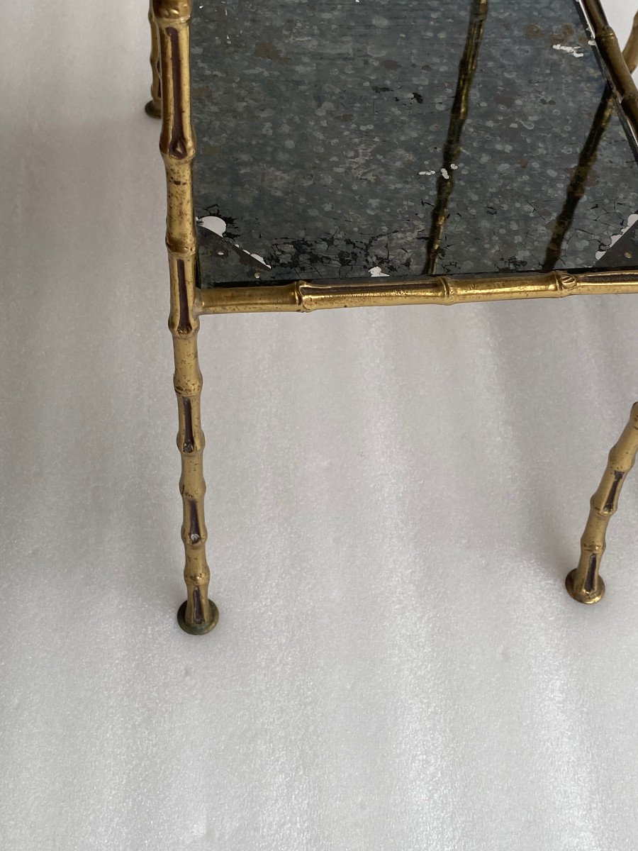 1950/70′ Paire De Tables En Bronze Doré Décor Bambou à 2 Niveaux Maison Baguès Plateaux Miroirs-photo-4