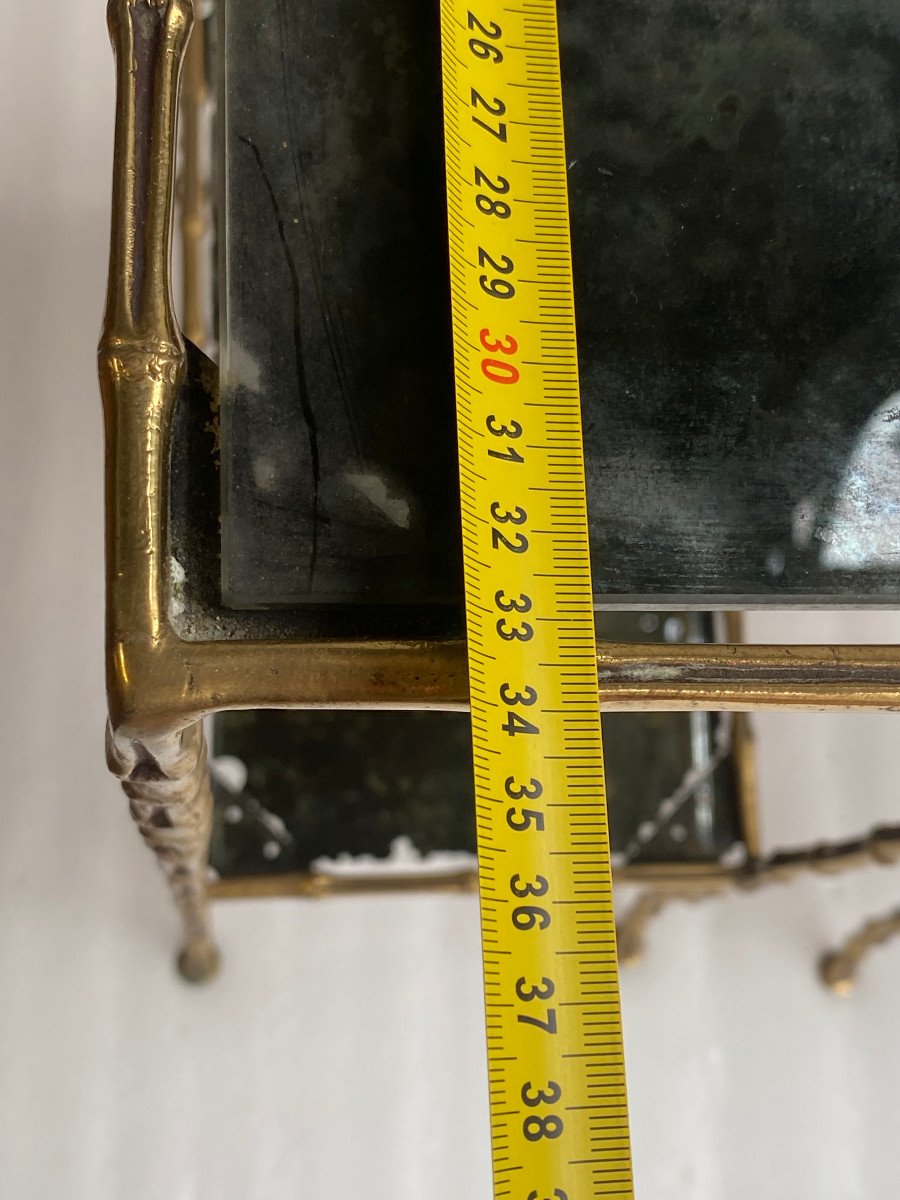 1950/70′ Pair Of Gilt Bronze Tables Bamboo Decor On 2 Levels Maison Baguès Mirror Trays-photo-2