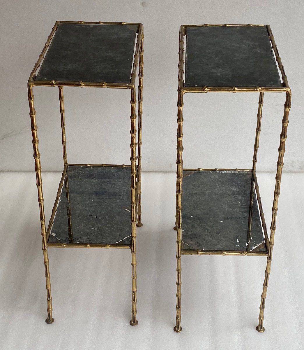 1950/70′ Paire De Tables En Bronze Doré Décor Bambou à 2 Niveaux Maison Baguès Plateaux Miroirs