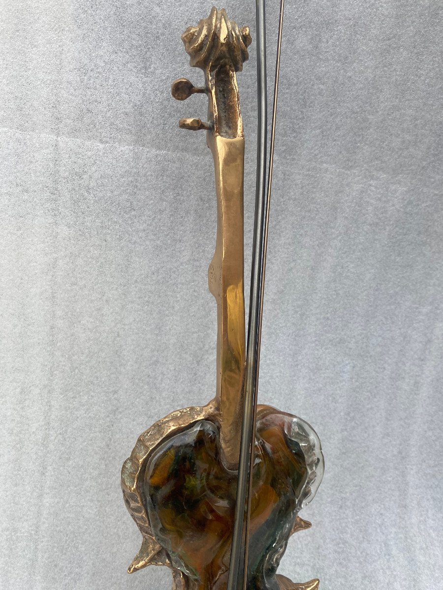 1970/80 Lampe Violon En Bronze Et Pate De Verre , Sculpture Signée Lohe-photo-4