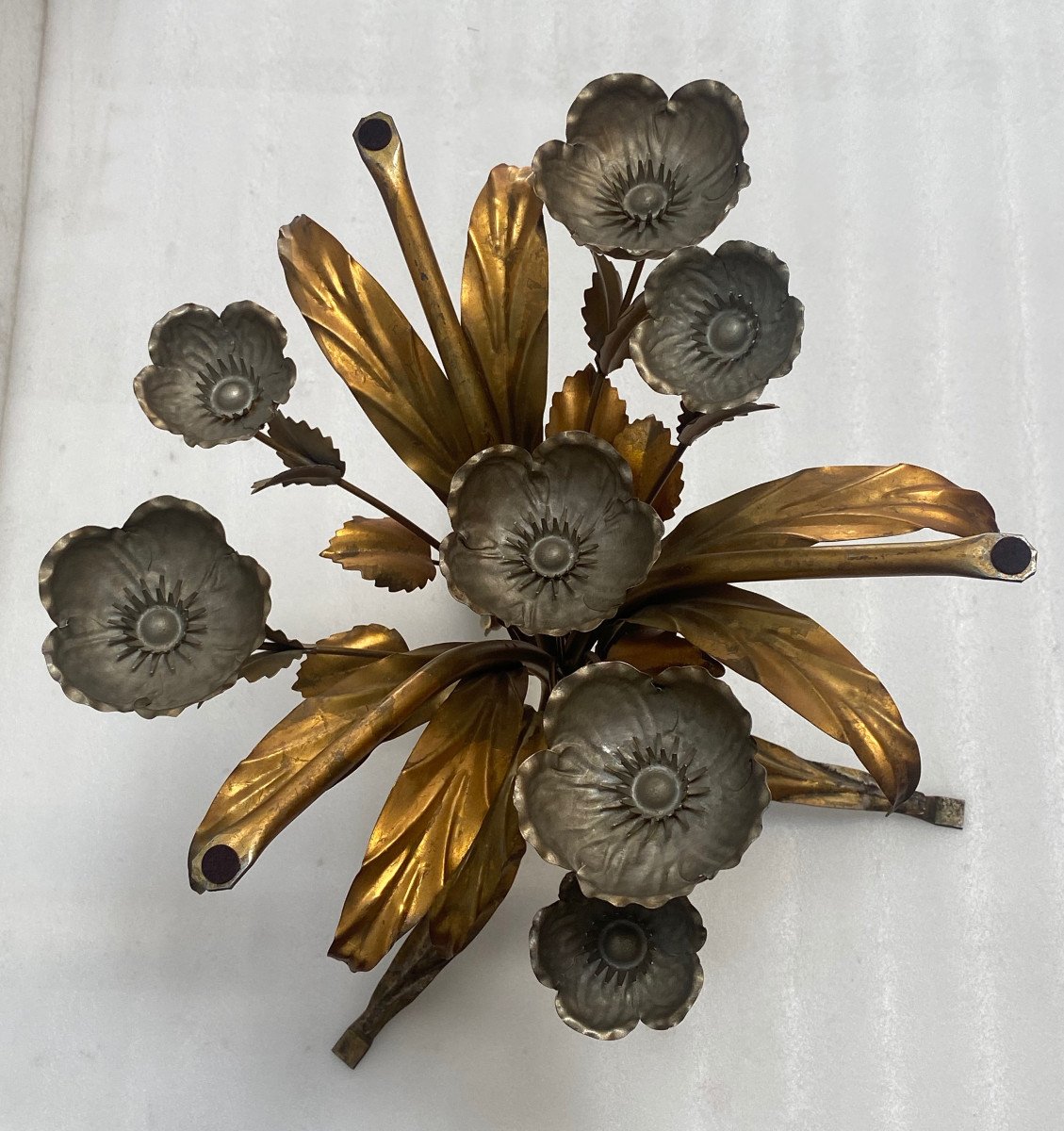 1970′ Tripod Pedestal Table With Anemones In Golden And Silver Iron By Hans Kogl-photo-3