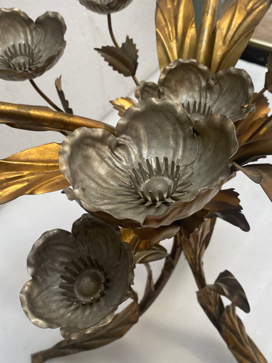1970′ Tripod Pedestal Table With Anemones In Golden And Silver Iron By Hans Kogl-photo-2