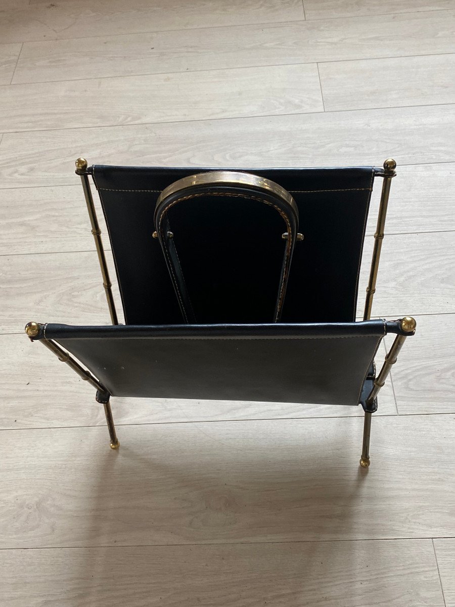 1950/70′ Jacques Adnet Magazine Holder Leather And Bronze Or Polished Brass-photo-2