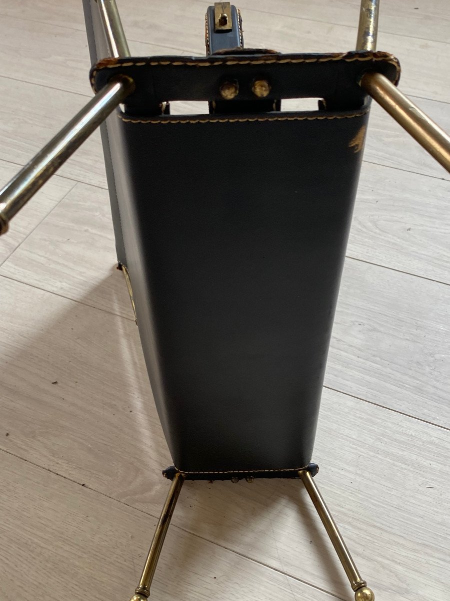 1950/70′ Jacques Adnet Magazine Holder Leather And Bronze Or Polished Brass-photo-3