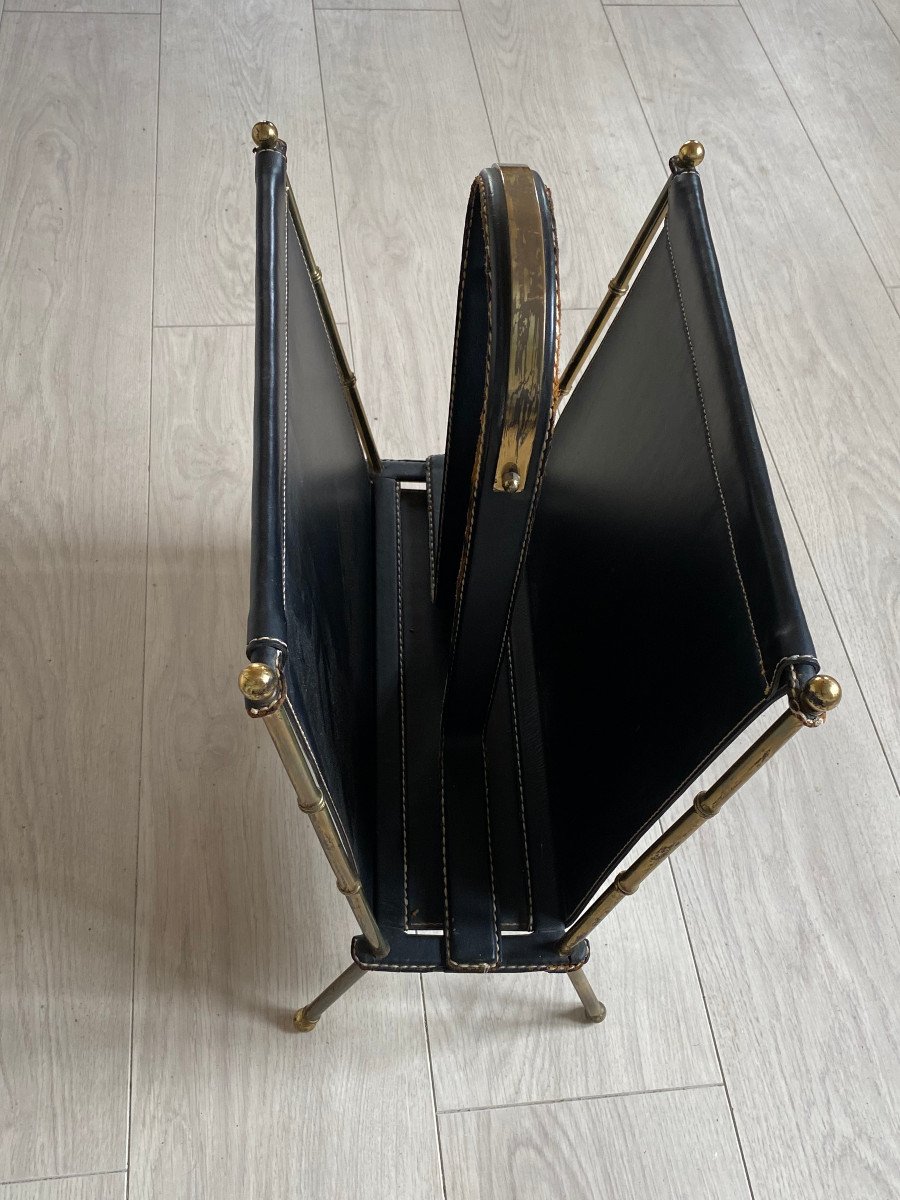 1950/70′ Jacques Adnet Magazine Holder Leather And Bronze Or Polished Brass