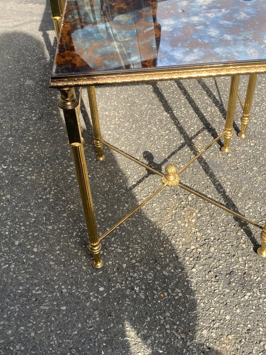 1970′ Set Of 3 Maison Baguès Nesting Tables In Gilded Bronze, 3 Old Oxidized Mirror Tops-photo-4