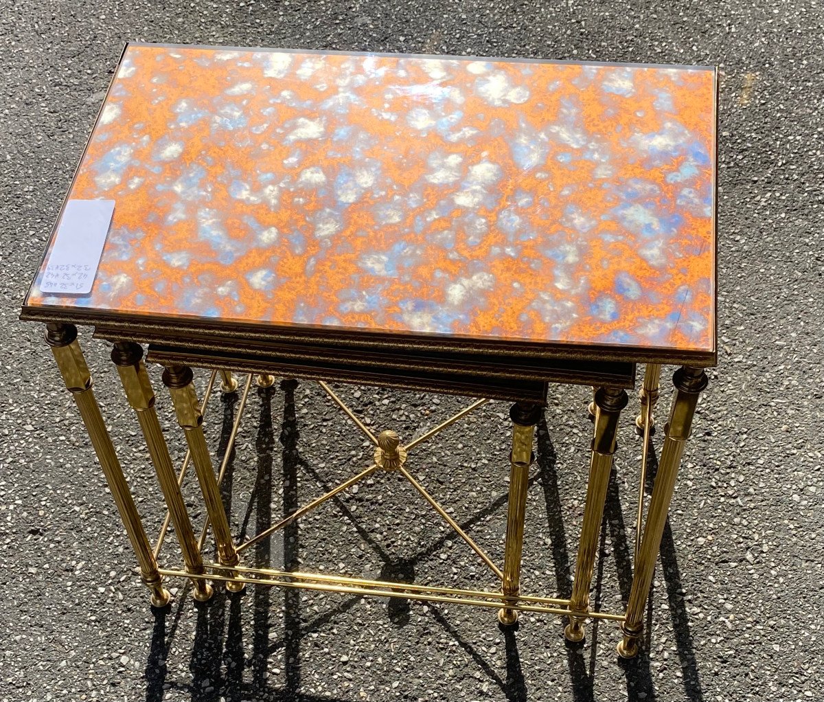 1970′ Set Of 3 Maison Baguès Nesting Tables In Gilded Bronze, 3 Old Oxidized Mirror Tops-photo-4