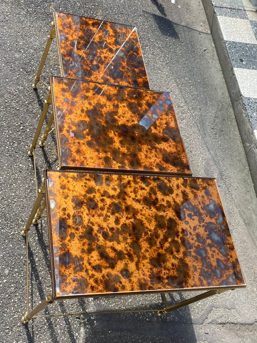 1970′ Set Of 3 Maison Baguès Nesting Tables In Gilded Bronze, 3 Old Oxidized Mirror Tops