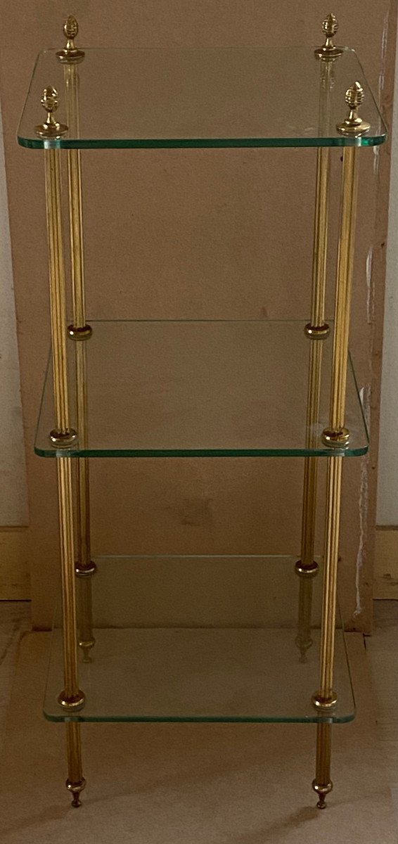 1970′ Maison Baguès Style 3-tier Shelf Bronze And Glass 34.5 X 34.5 Xh 83 Cm