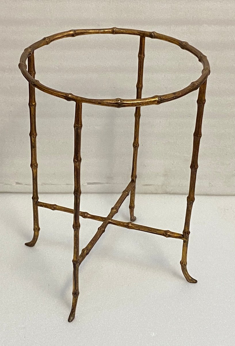 1970′ Guéridon Style Maison Baguès Décor Bambou En Bronze Doré Avec Plateau Verre H 50 ø 37 Cm-photo-2