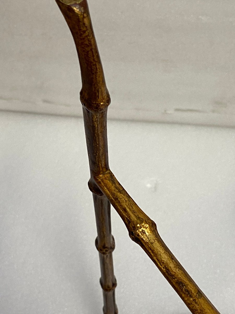 1970′ Guéridon Style Maison Baguès Décor Bambou En Bronze Doré Avec Plateau Verre H 50 ø 37 Cm-photo-1