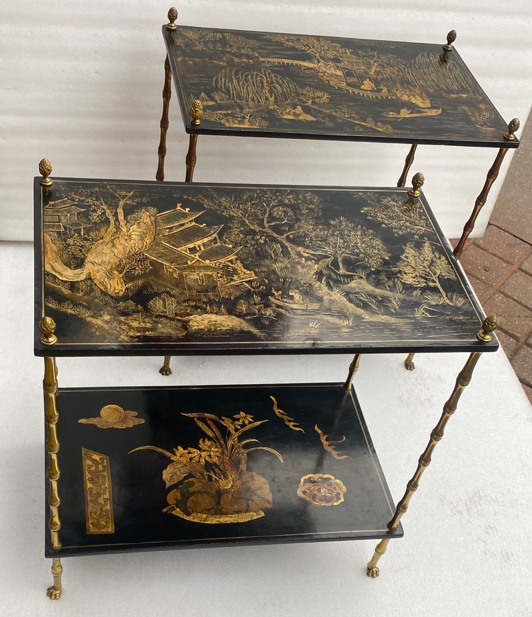 1950′ Pair Of Maison Baguès Tables Bamboo Decor Gilt Bronze And Chinese Lacquers 60 X 36 H 63-photo-2