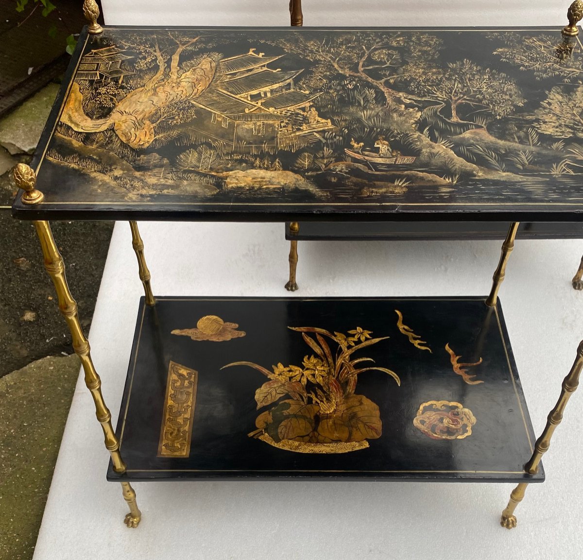 1950′ Pair Of Maison Baguès Tables Bamboo Decor Gilt Bronze And Chinese Lacquers 60 X 36 H 63-photo-3