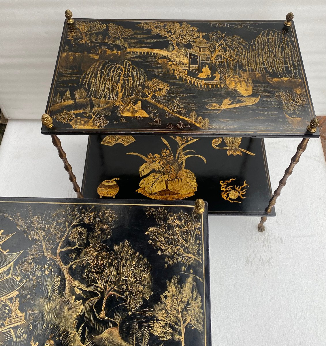 1950′ Pair Of Maison Baguès Tables Bamboo Decor Gilt Bronze And Chinese Lacquers 60 X 36 H 63-photo-1