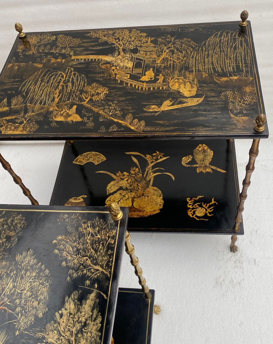 1950′ Pair Of Maison Baguès Tables Bamboo Decor Gilt Bronze And Chinese Lacquers 60 X 36 H 63-photo-2