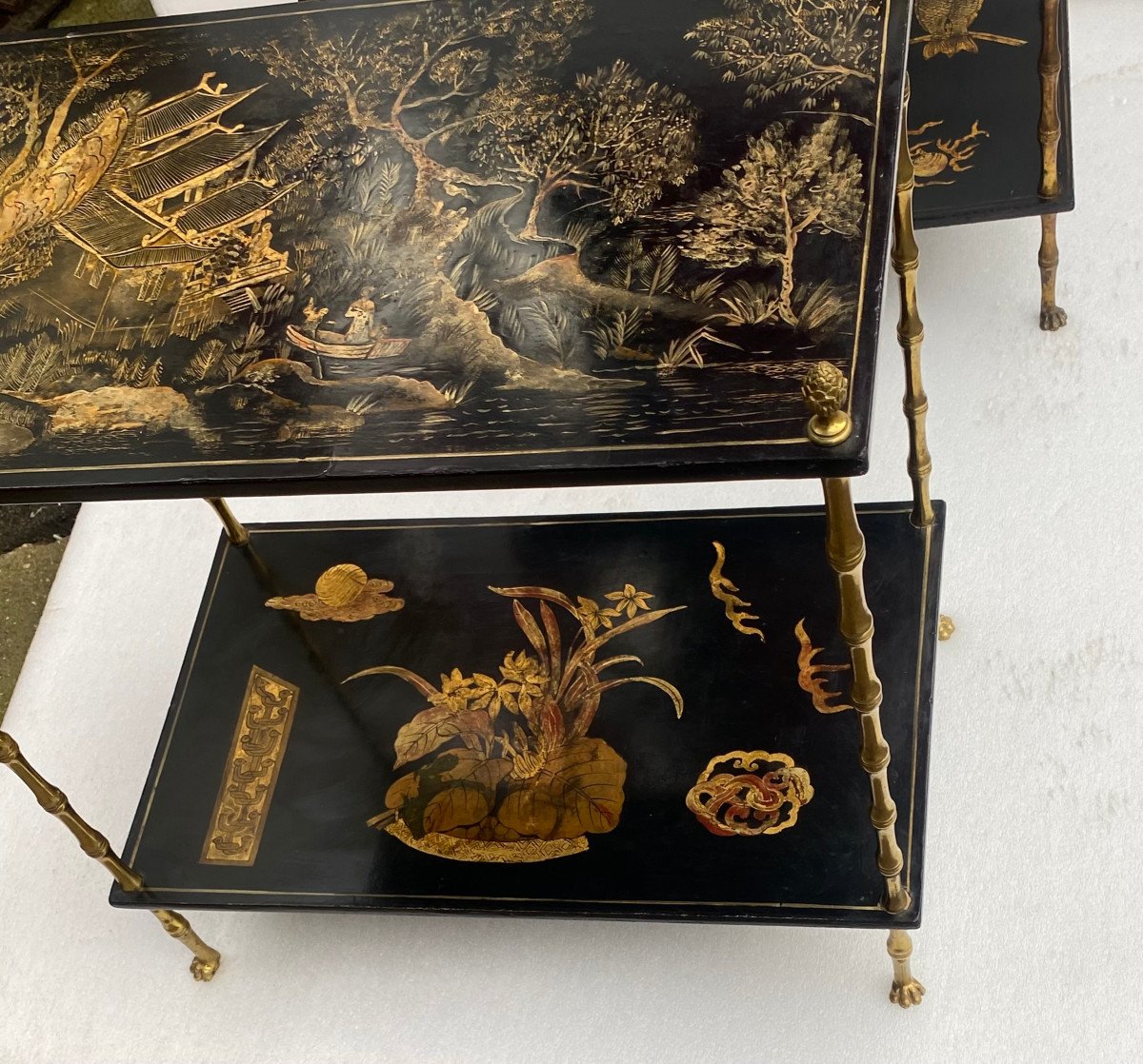 1950′ Pair Of Maison Baguès Tables Bamboo Decor Gilt Bronze And Chinese Lacquers 60 X 36 H 63-photo-4