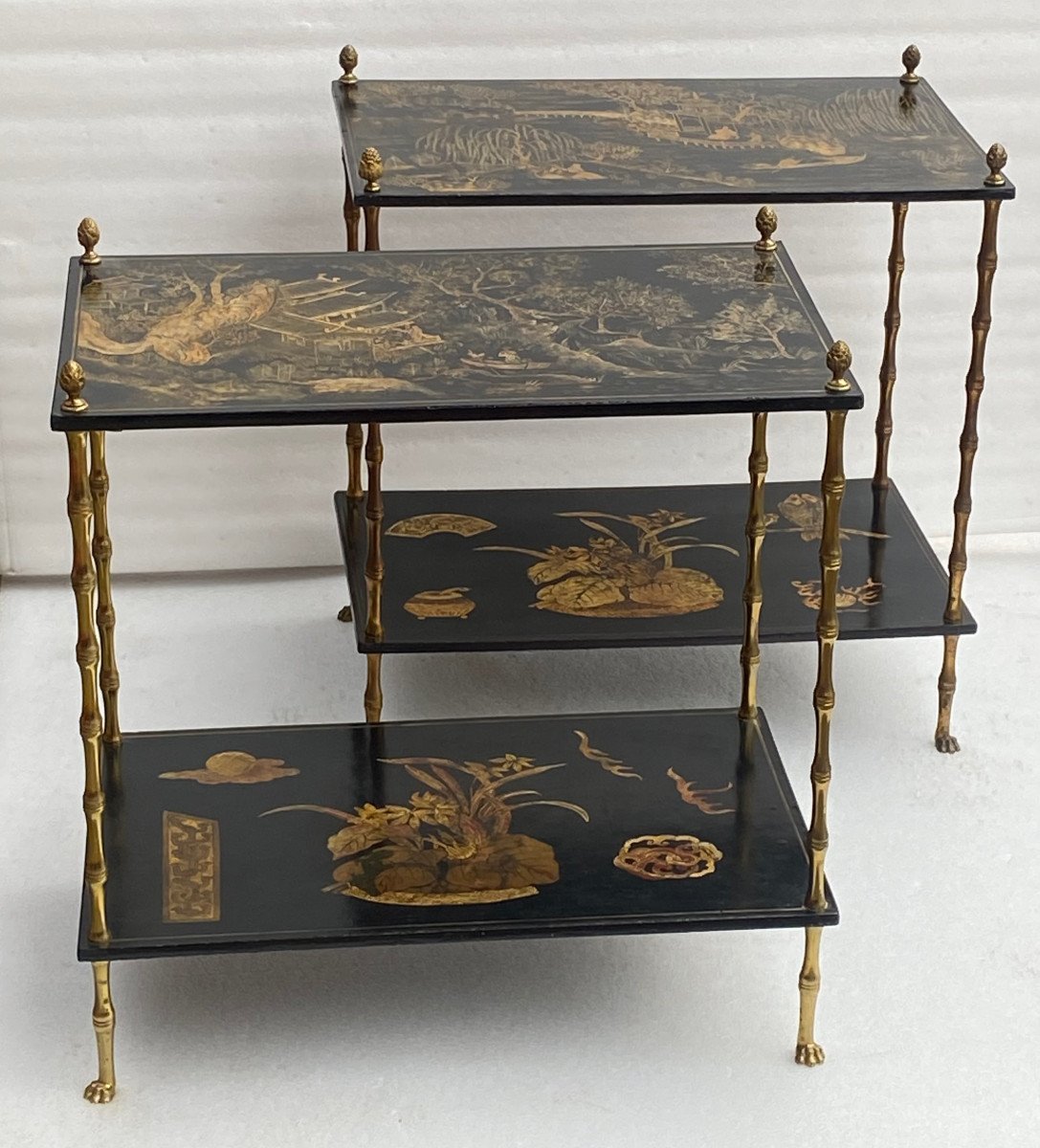 1950′ Pair Of Maison Baguès Tables Bamboo Decor Gilt Bronze And Chinese Lacquers 60 X 36 H 63