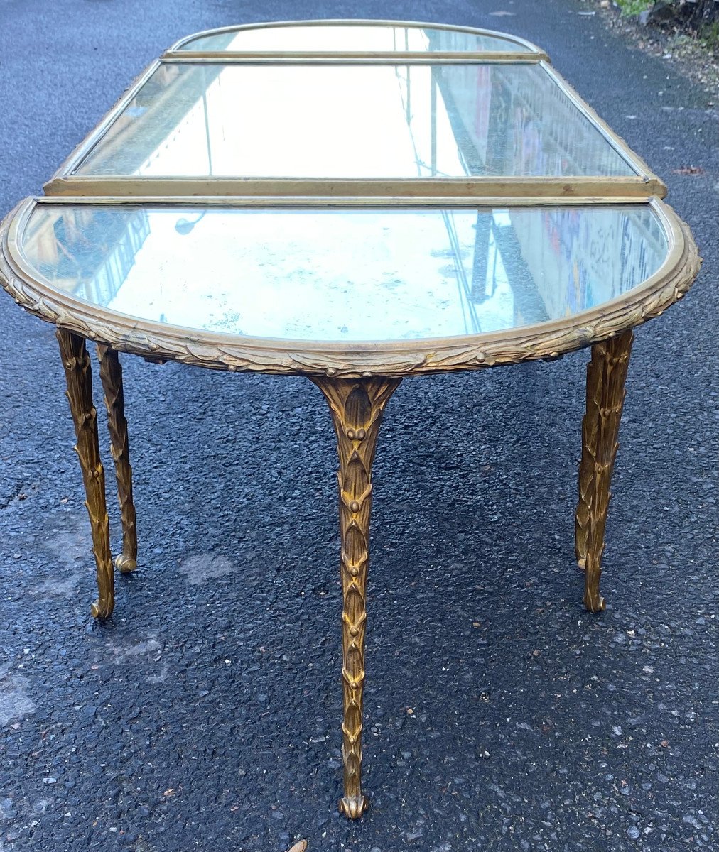 1970′ Tripartite Table Maison Charles, Jansen Ou Baguès Palm Tree Decor Gilt Bronze Aged Mirrors-photo-3