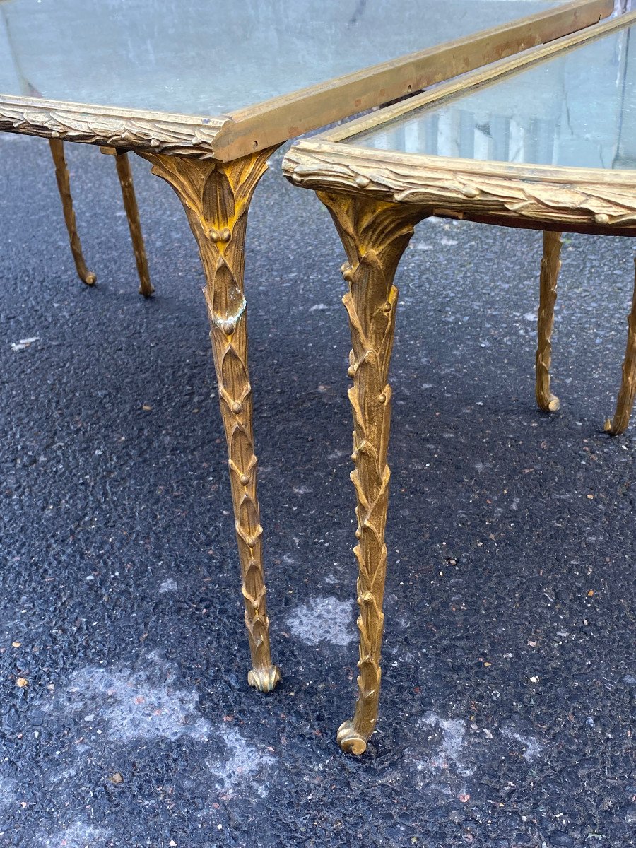 1970′ Tripartite Table Maison Charles, Jansen Ou Baguès Palm Tree Decor Gilt Bronze Aged Mirrors-photo-4