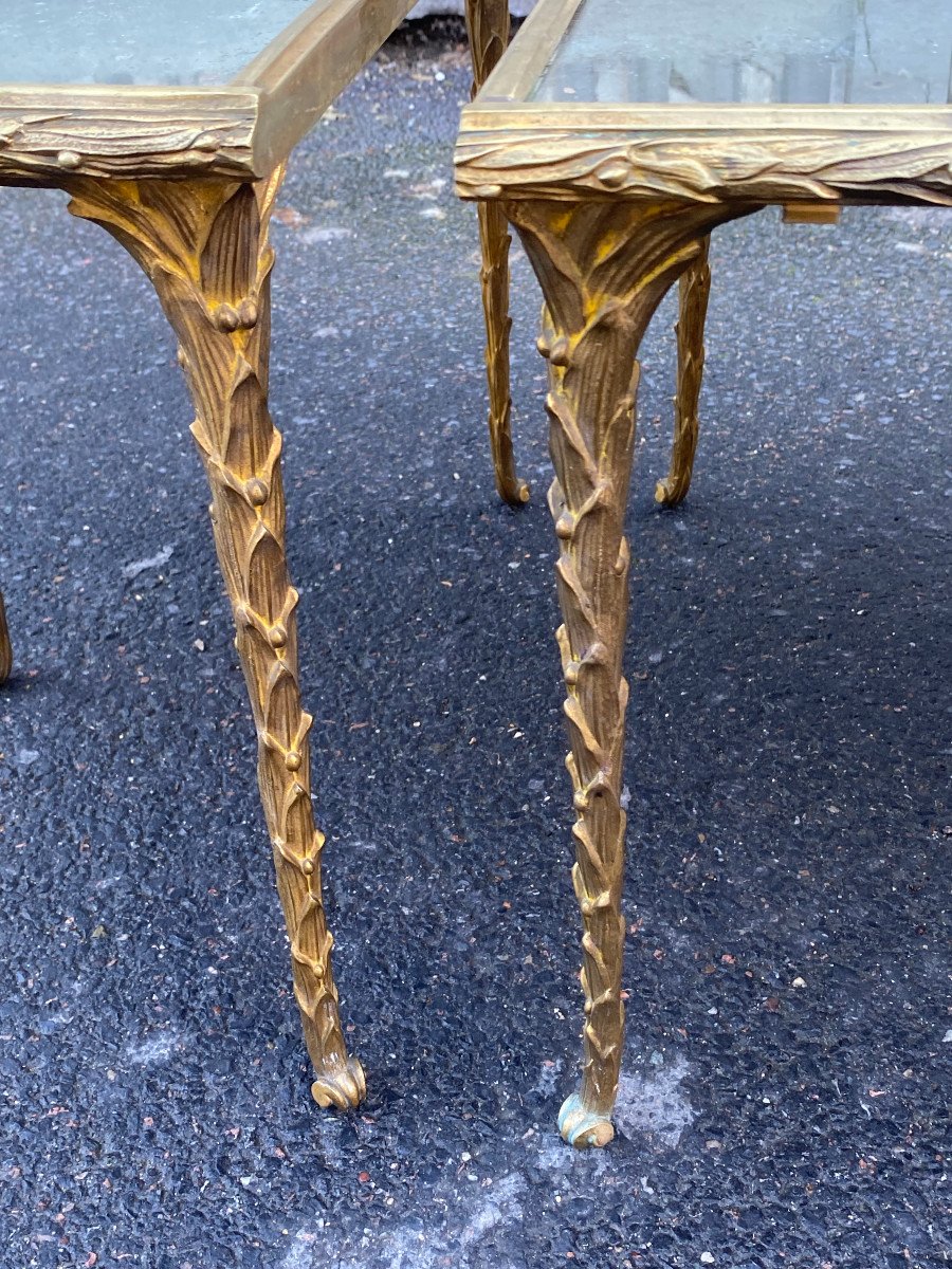 1970′ Tripartite Table Maison Charles, Jansen Ou Baguès Palm Tree Decor Gilt Bronze Aged Mirrors-photo-1