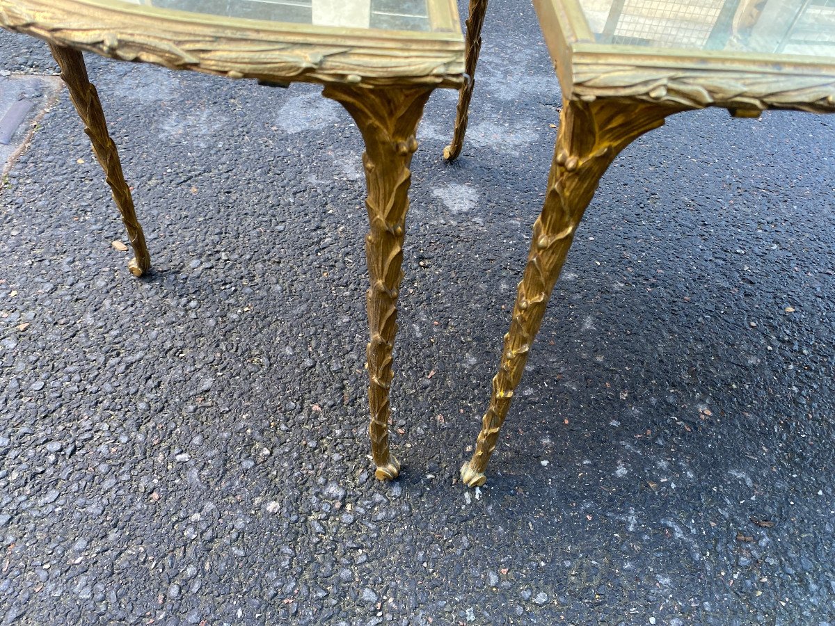 1970′ Tripartite Table Maison Charles, Jansen Ou Baguès Palm Tree Decor Gilt Bronze Aged Mirrors-photo-4