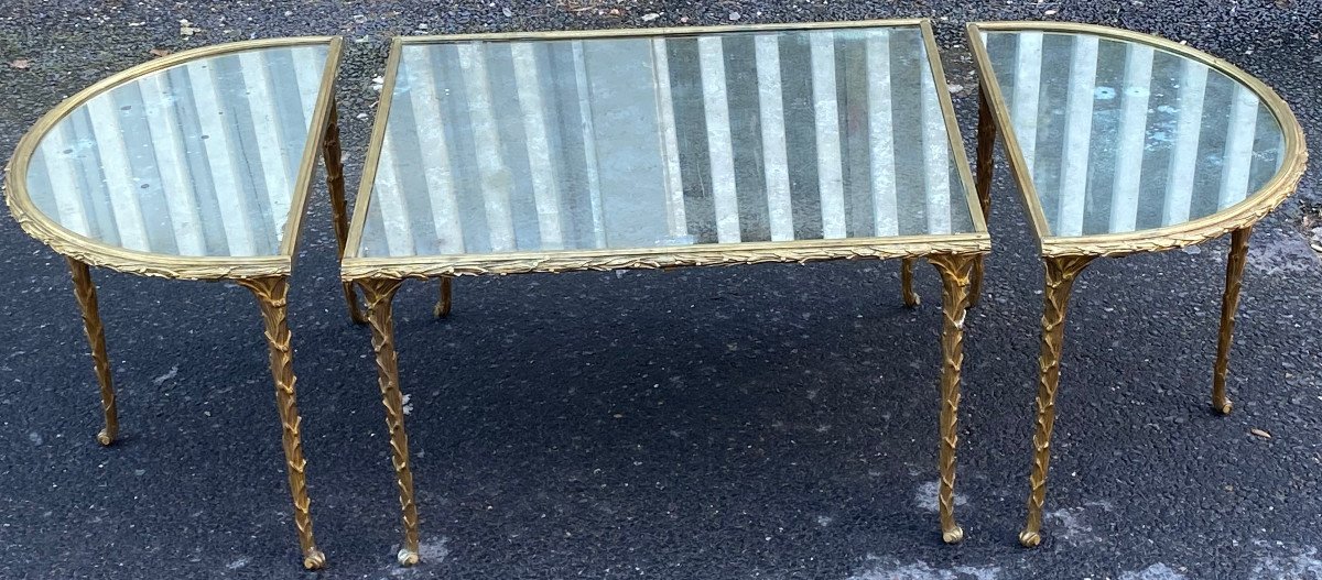 1970′ Tripartite Table Maison Charles, Jansen Ou Baguès Palm Tree Decor Gilt Bronze Aged Mirrors