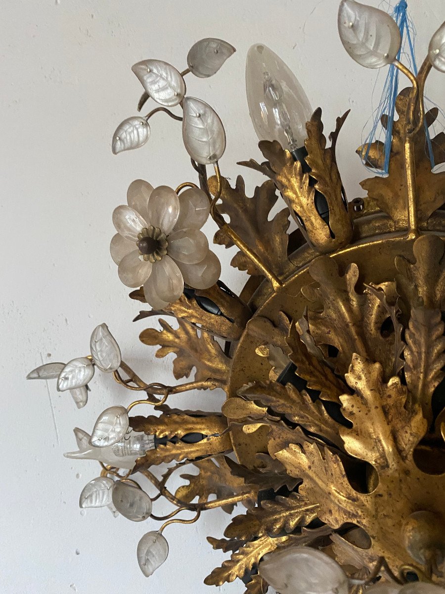 1970′ Ceiling Or Wall Light With Leaf Decoration In Metal And Glass Maison Baguès Ou Banci ø 60-photo-4