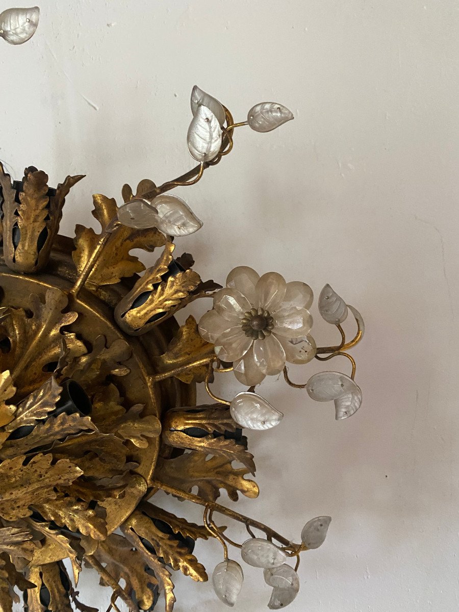 1970′ Ceiling Or Wall Light With Leaf Decoration In Metal And Glass Maison Baguès Ou Banci ø 60-photo-1