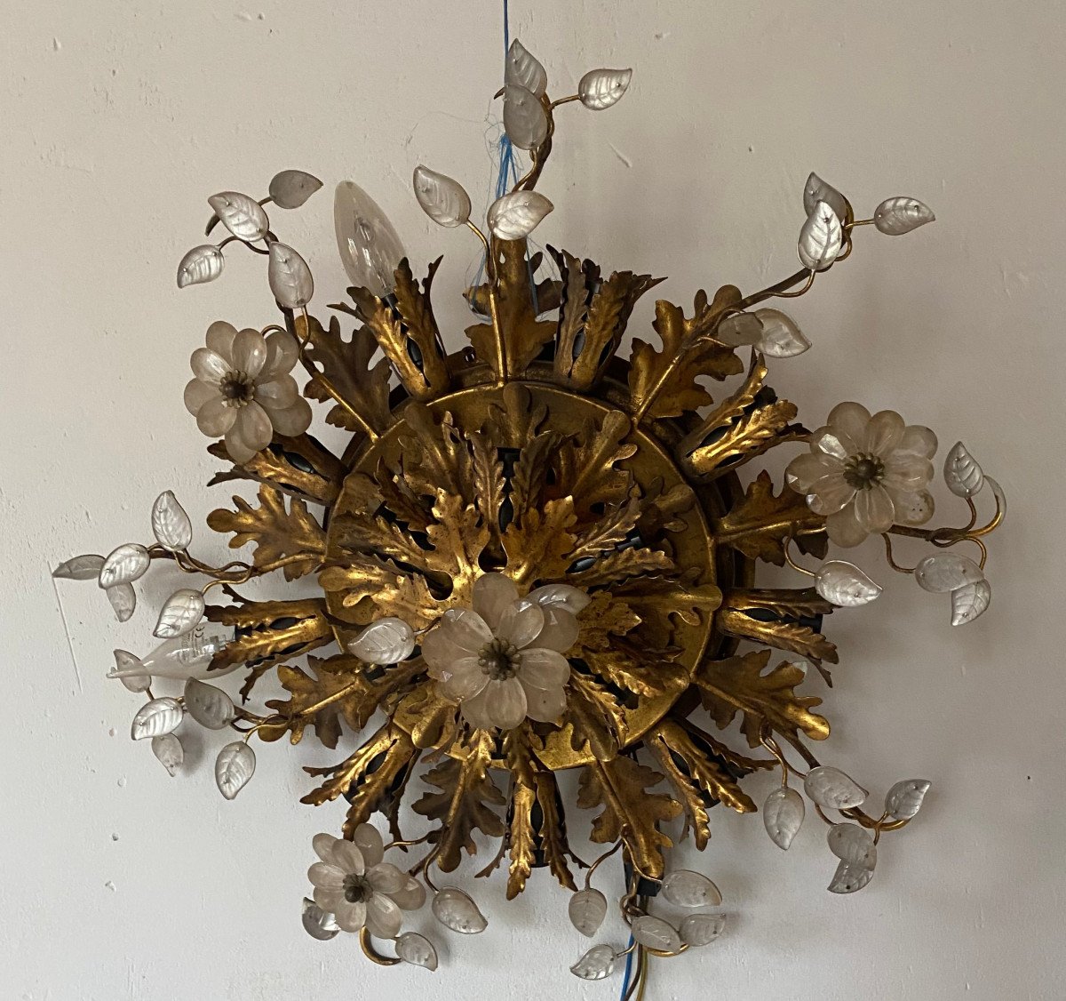 1970′ Ceiling Or Wall Light With Leaf Decoration In Metal And Glass Maison Baguès Ou Banci ø 60