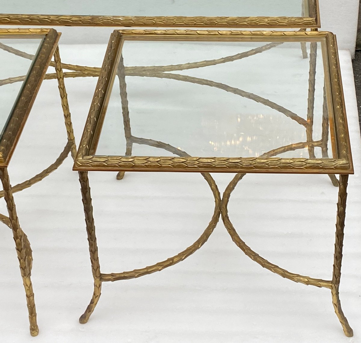 1970′ Coffee Table And 2 Side Tables In Patinated Gilt Bronze, Palm Tree Model, Maison Charles-photo-2